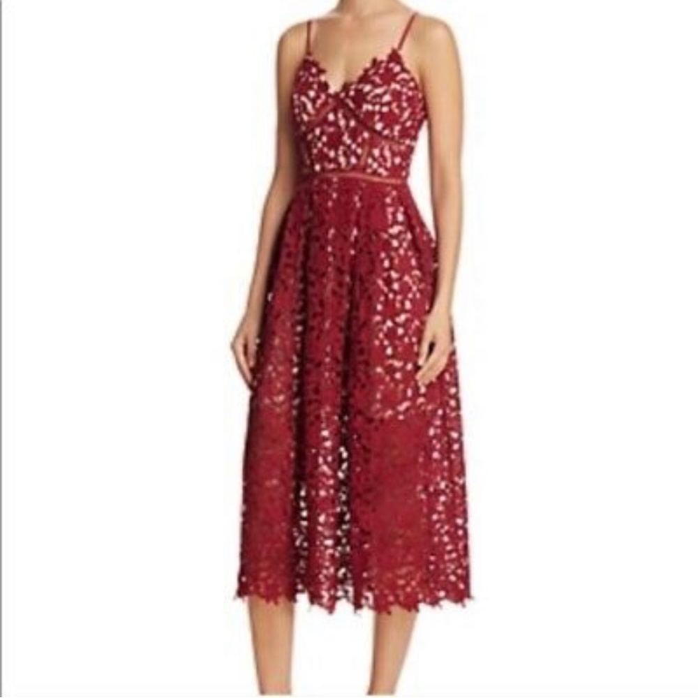 AQUA Women's Burgundy Lace Cami Midi Dress- NWT